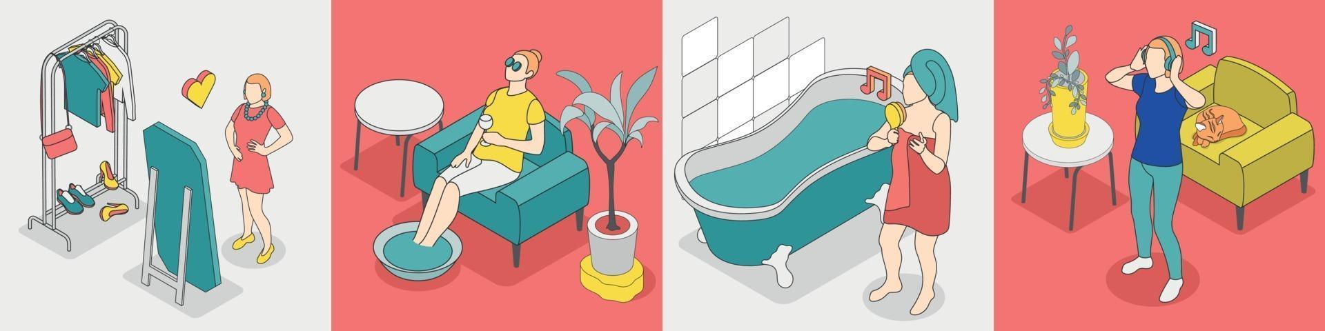 Self Care Concept Isometric Icon Set vector