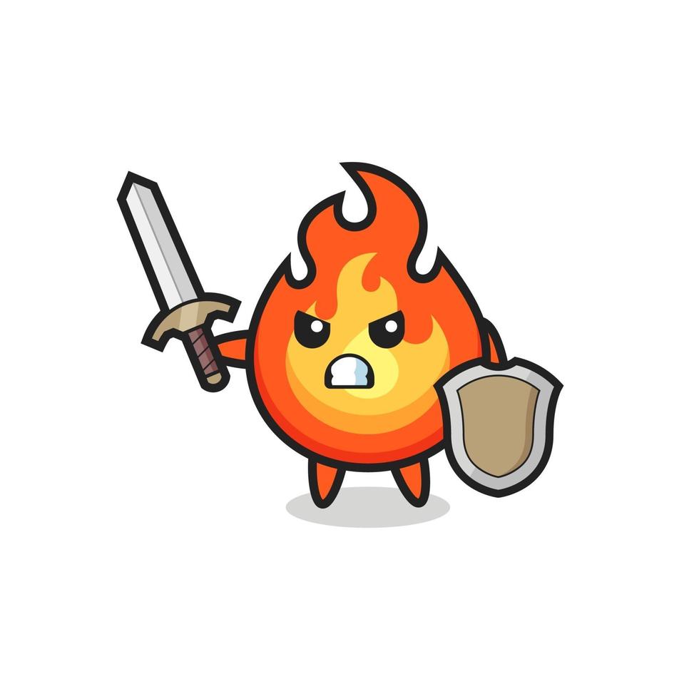 cute fire soldier fighting with sword and shield vector
