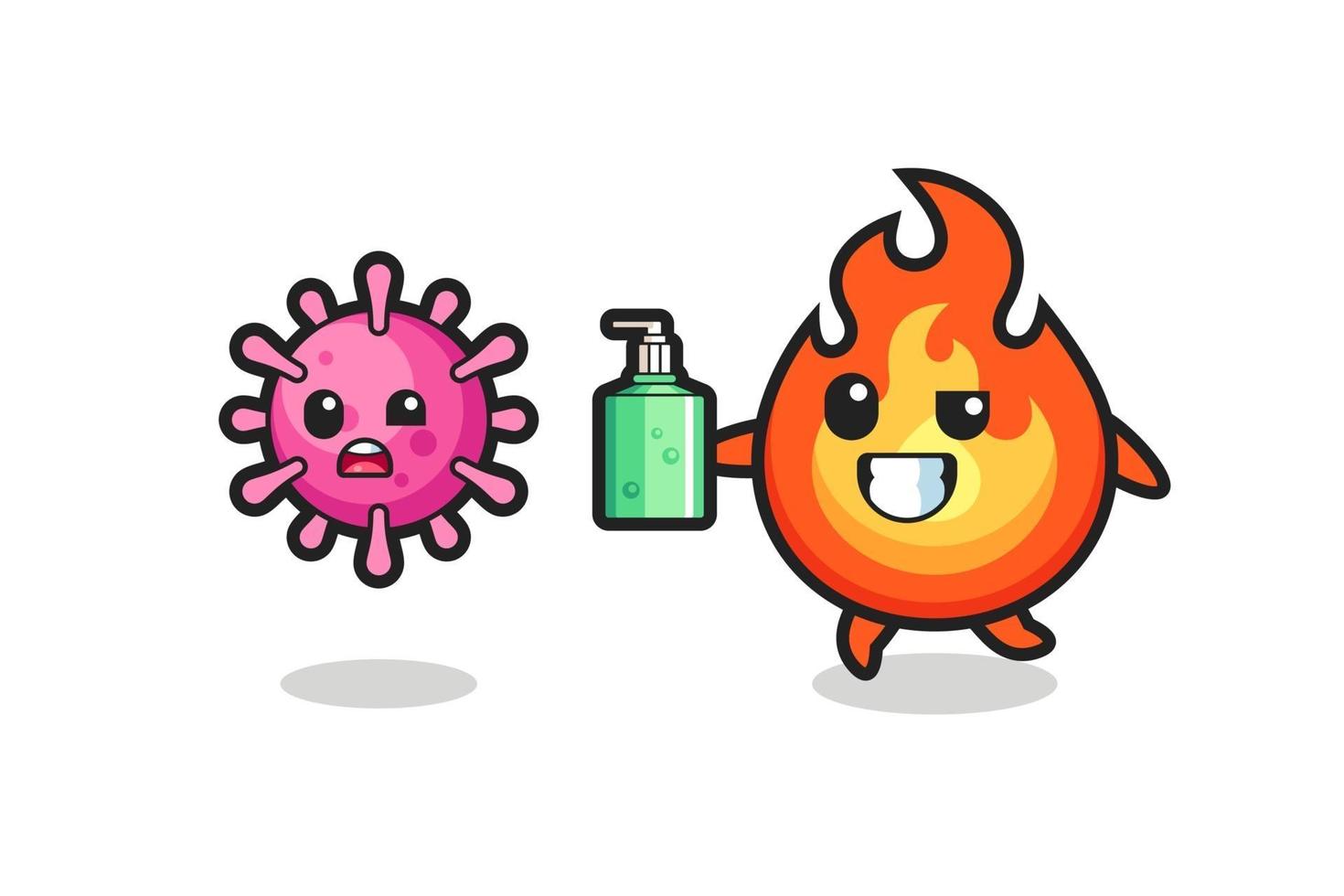 Ilustración de personaje de fuego persiguiendo virus maligno con desinfectante de manos vector