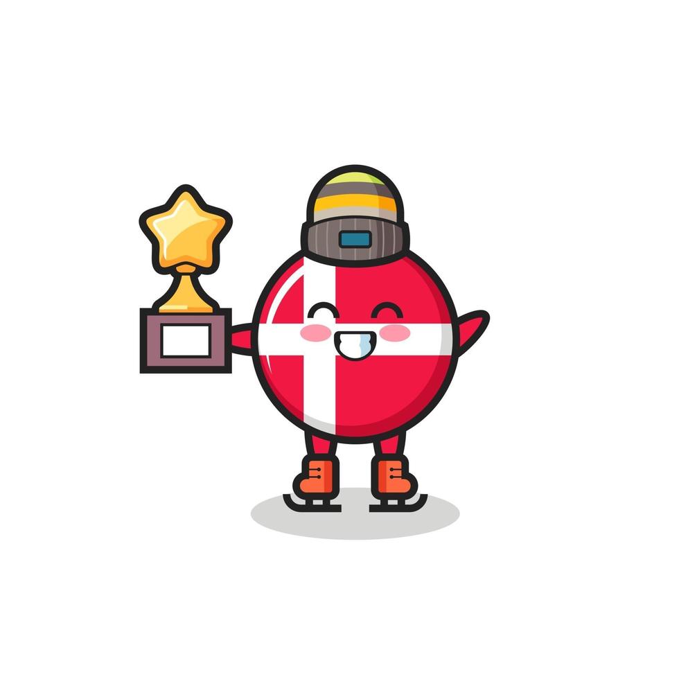 denmark flag badge cartoon as an ice skating player hold winner trophy vector