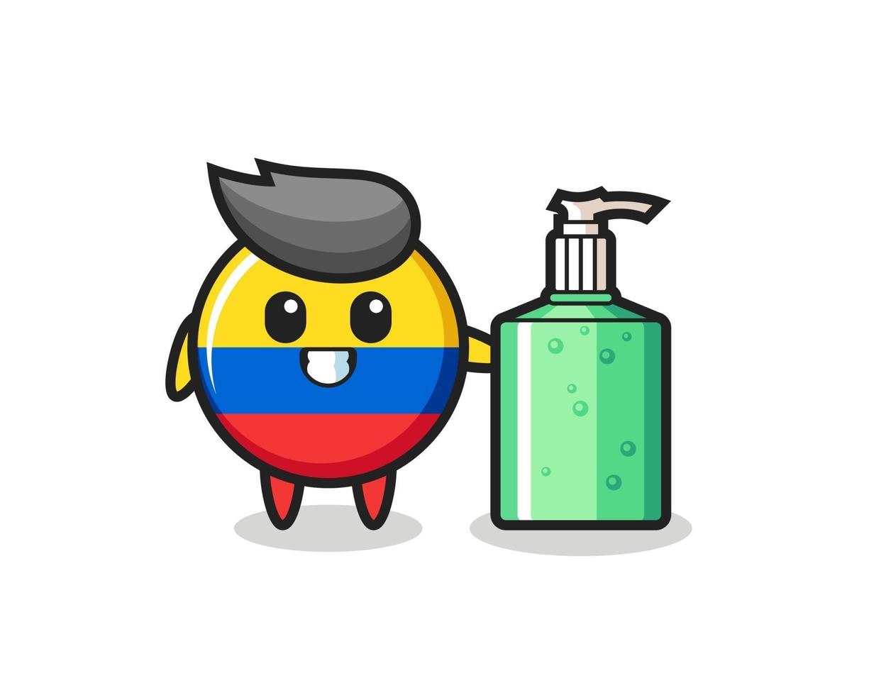 cute colombia flag badge cartoon with hand sanitizer vector