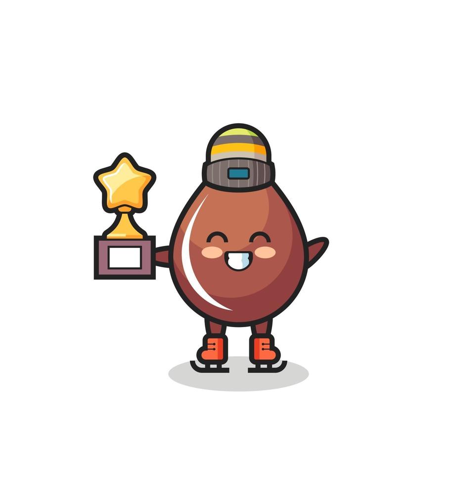 chocolate drop cartoon as an ice skating player hold winner trophy vector