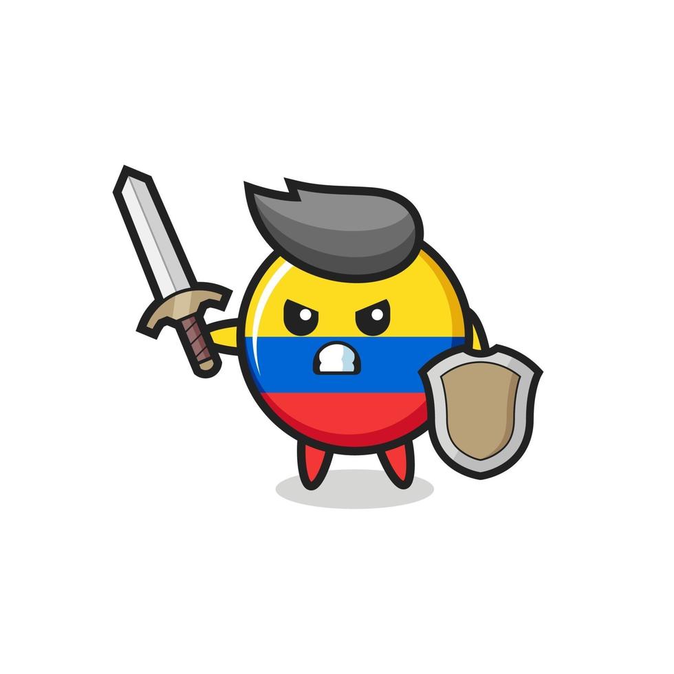 cute colombia flag badge soldier fighting with sword and shield vector