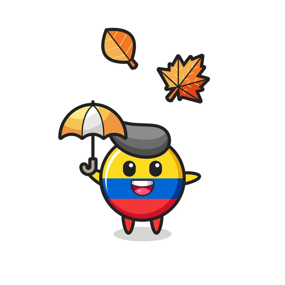 cartoon of the cute colombia flag badge holding an umbrella in autumn vector