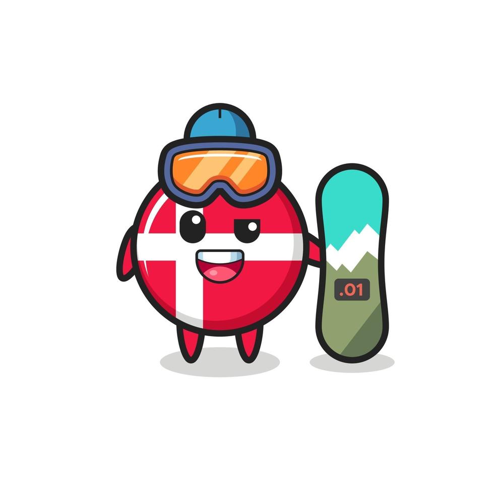 Illustration of denmark flag badge character with snowboarding style vector