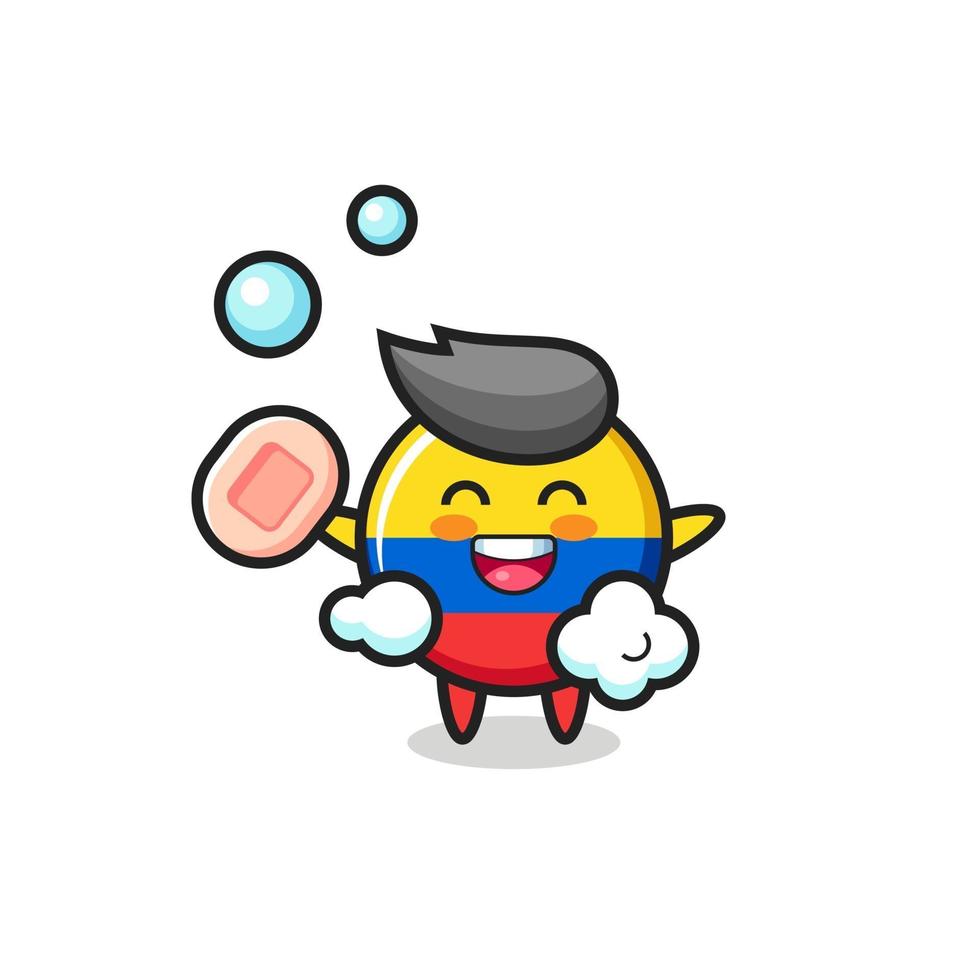 colombia flag badge character is bathing while holding soap vector