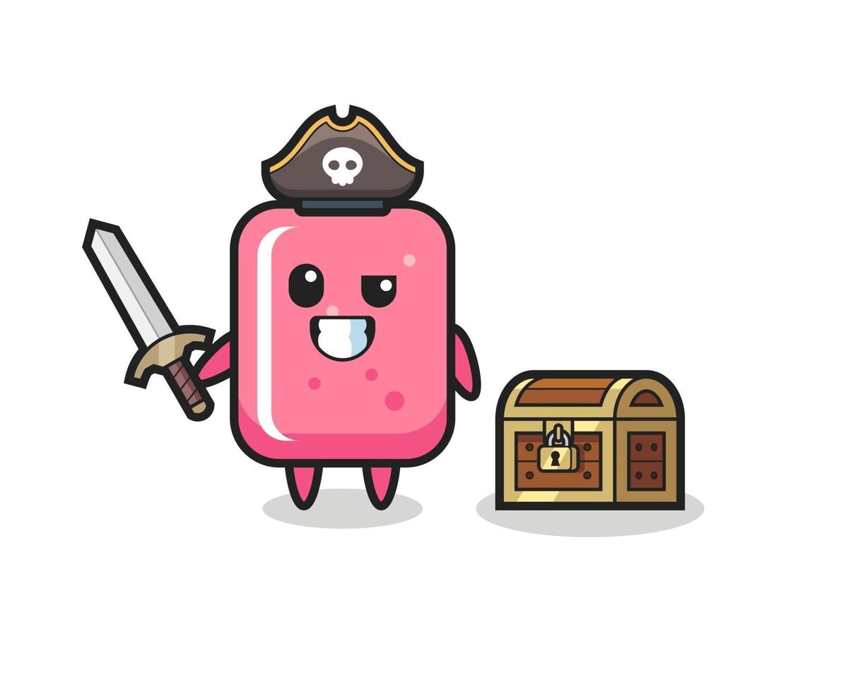 the bubble gum pirate character holding sword beside a treasure box vector