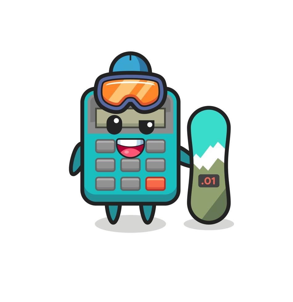 Ilustración de personaje de calculadora con estilo de snowboard vector