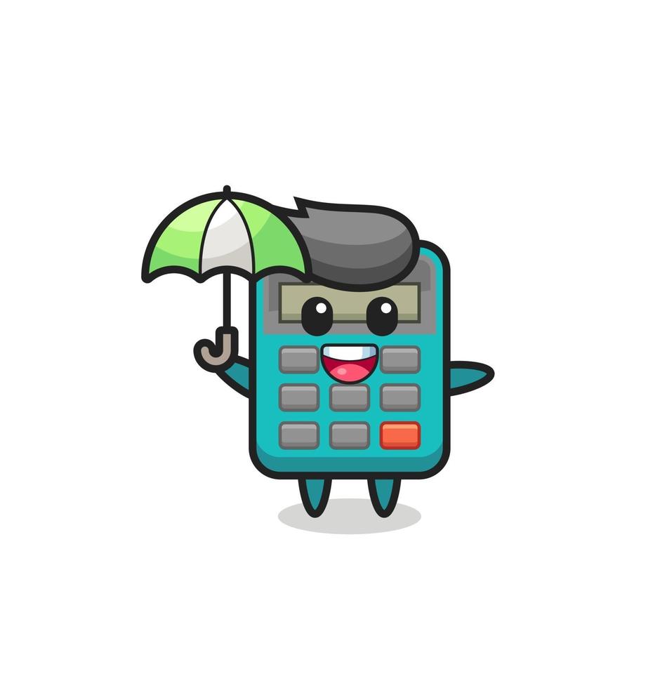 cute calculator illustration holding an umbrella vector