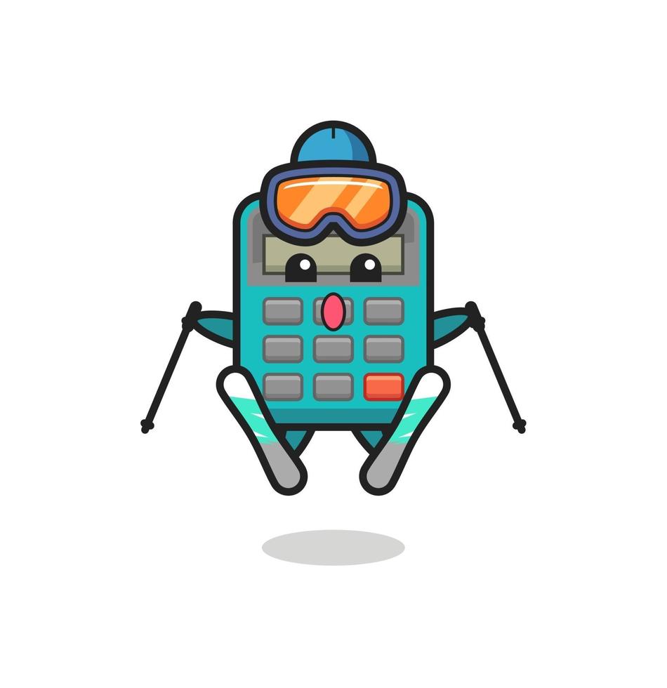 Personaje de mascota calculadora como jugador de esquí. vector
