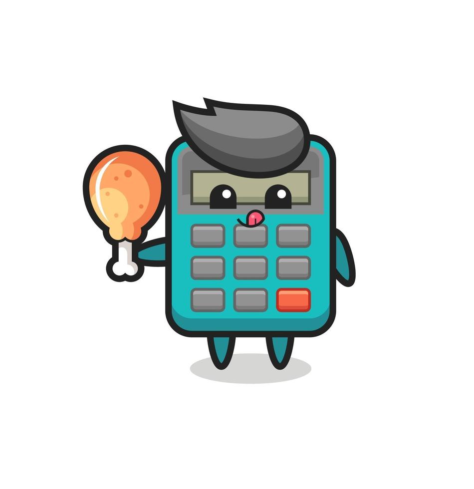 calculator cute mascot is eating a fried chicken vector