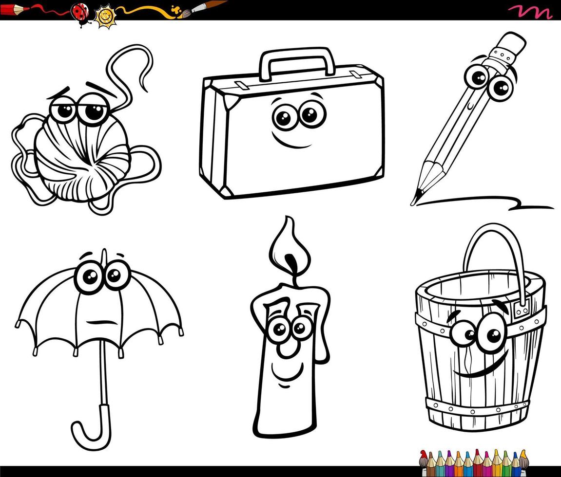 cartoon object characters set coloring book page vector