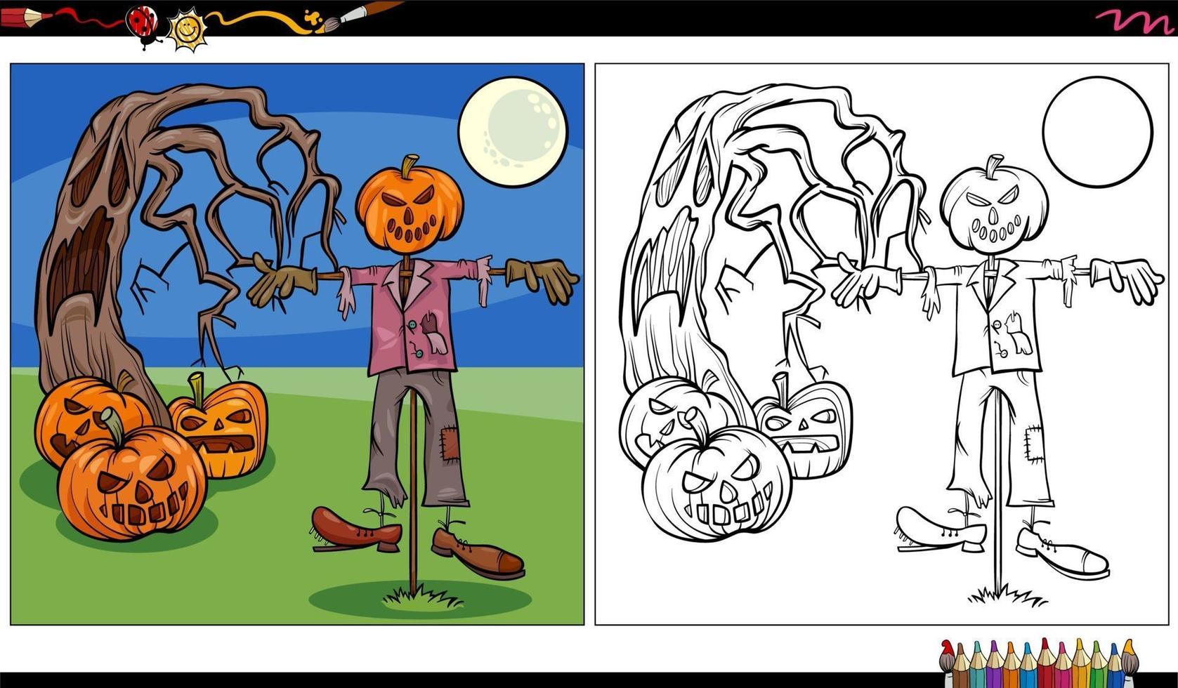 cartoon Halloween characters coloring book page vector
