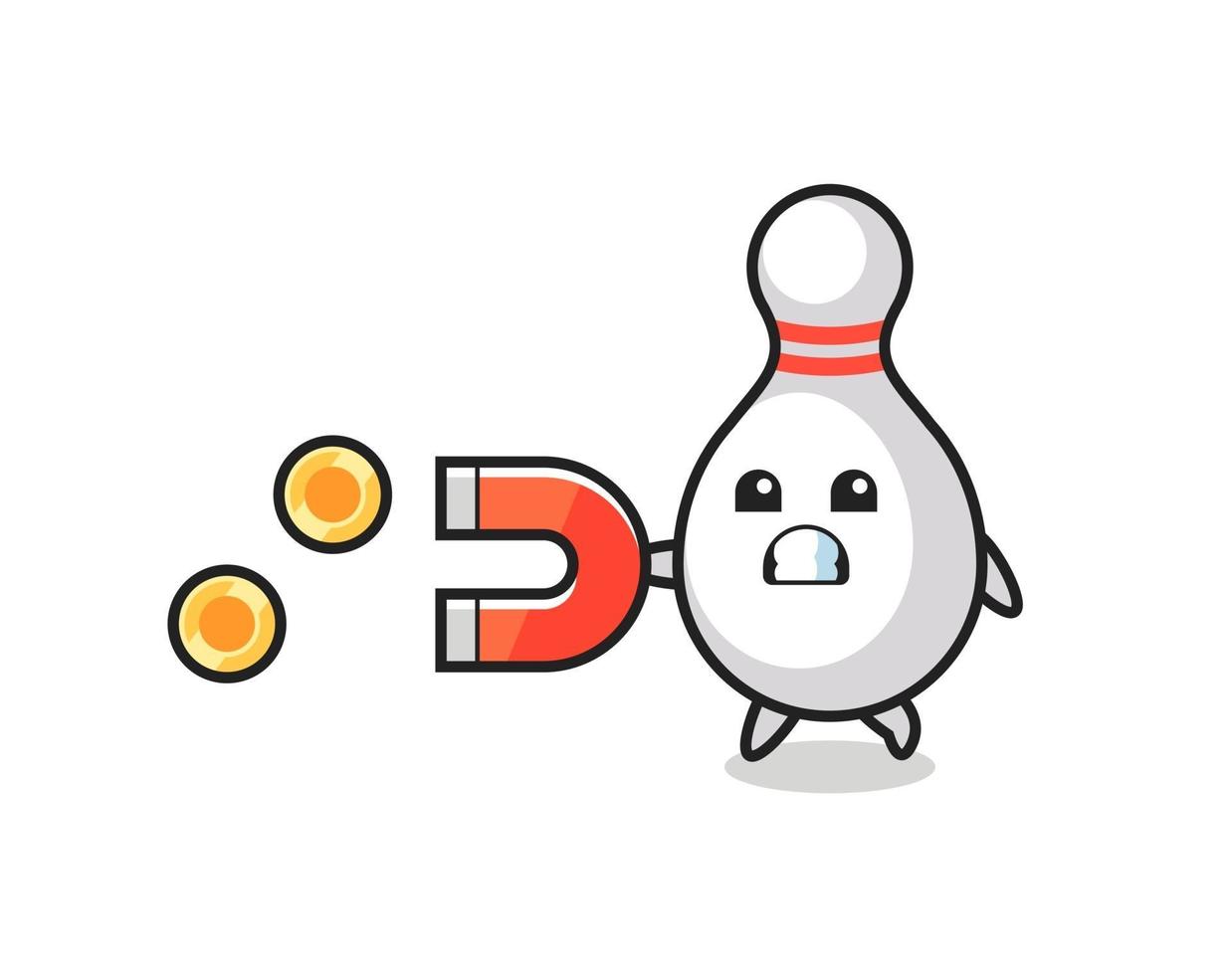 the character of bowling pin hold a magnet to catch the gold coins vector