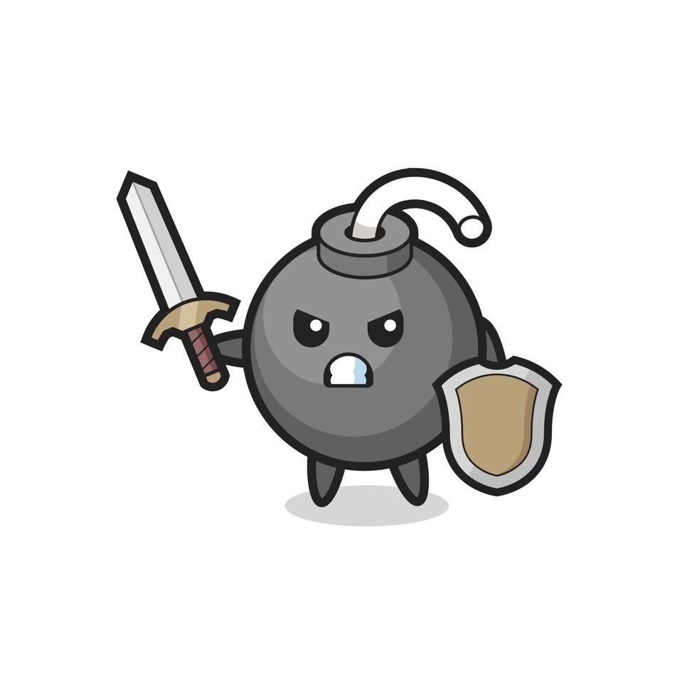 cute bomb soldier fighting with sword and shield vector