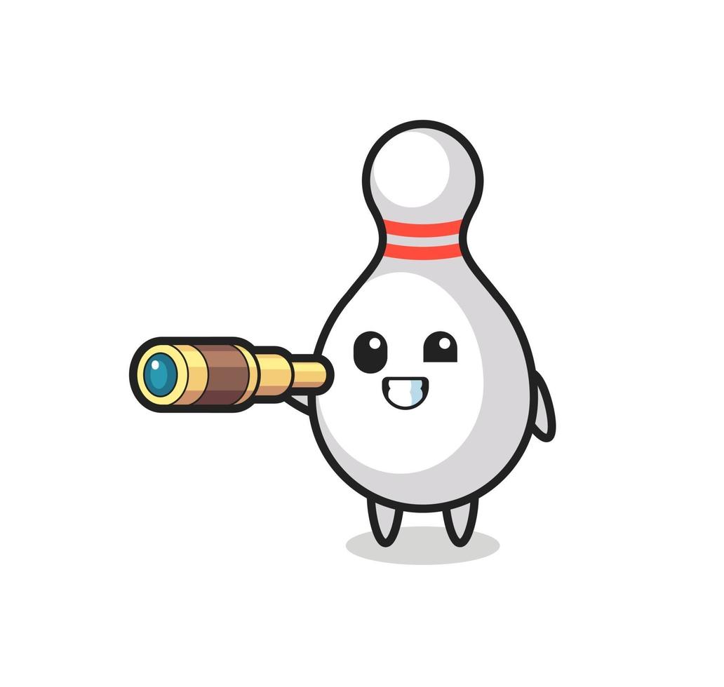 cute bowling pin character is holding an old telescope vector