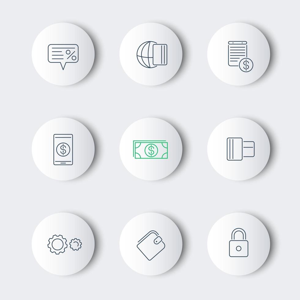 Payment methods, types line round modern icons vector