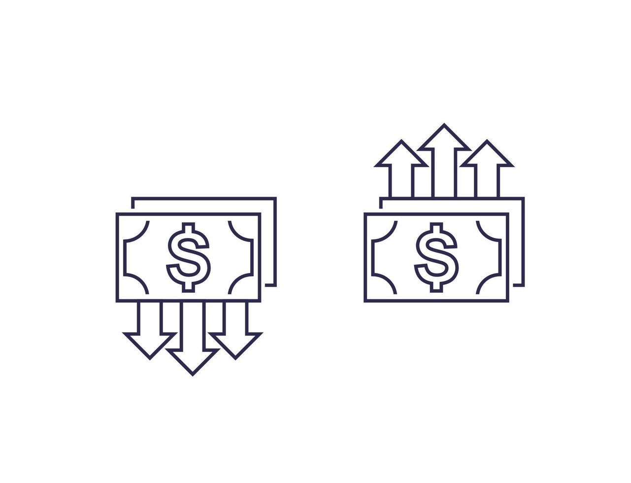 reducción y crecimiento de costos, dinero, iconos de líneas vectoriales vector