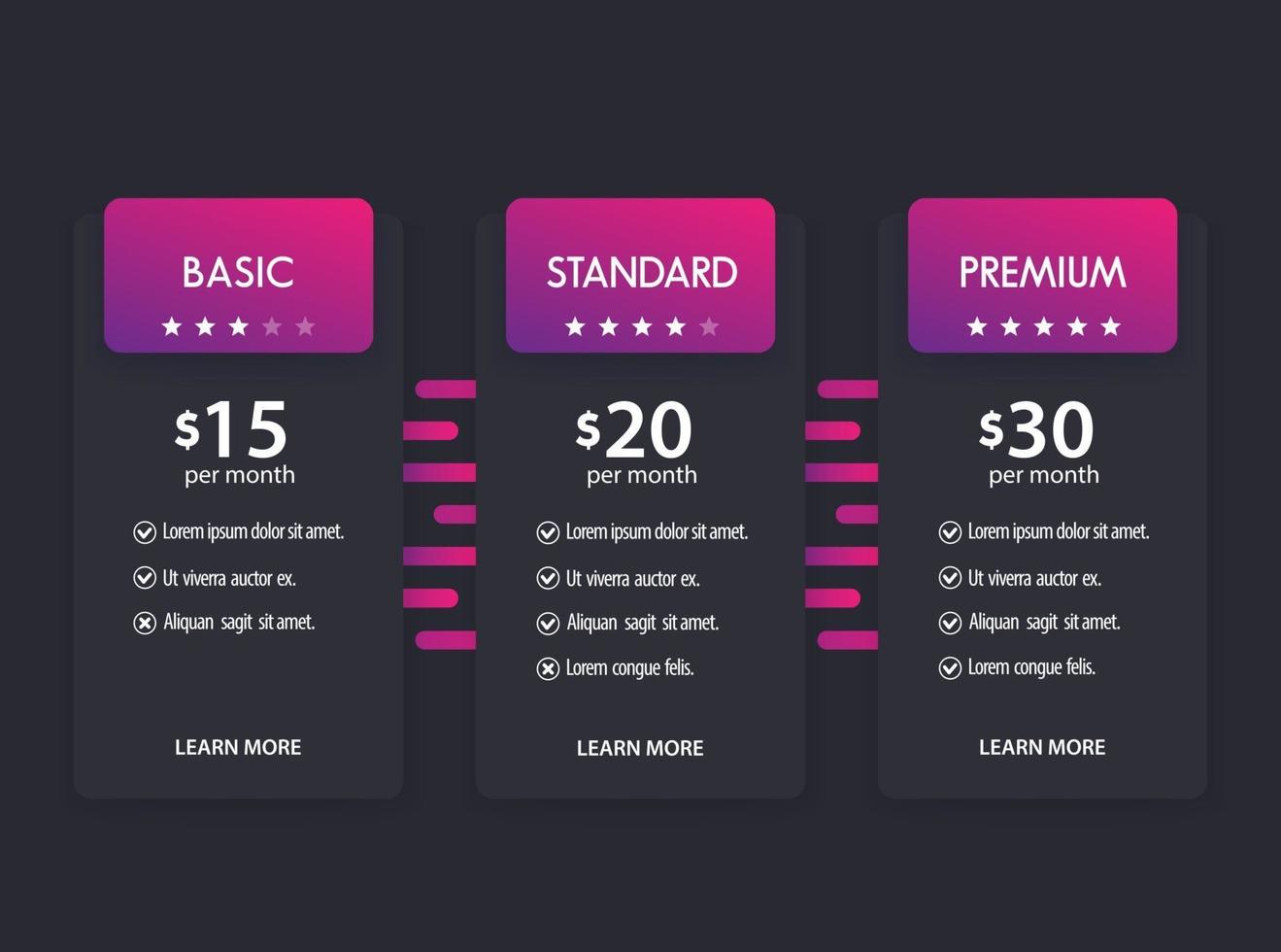 Banner for tariffs, set of vector pricing table, boxes