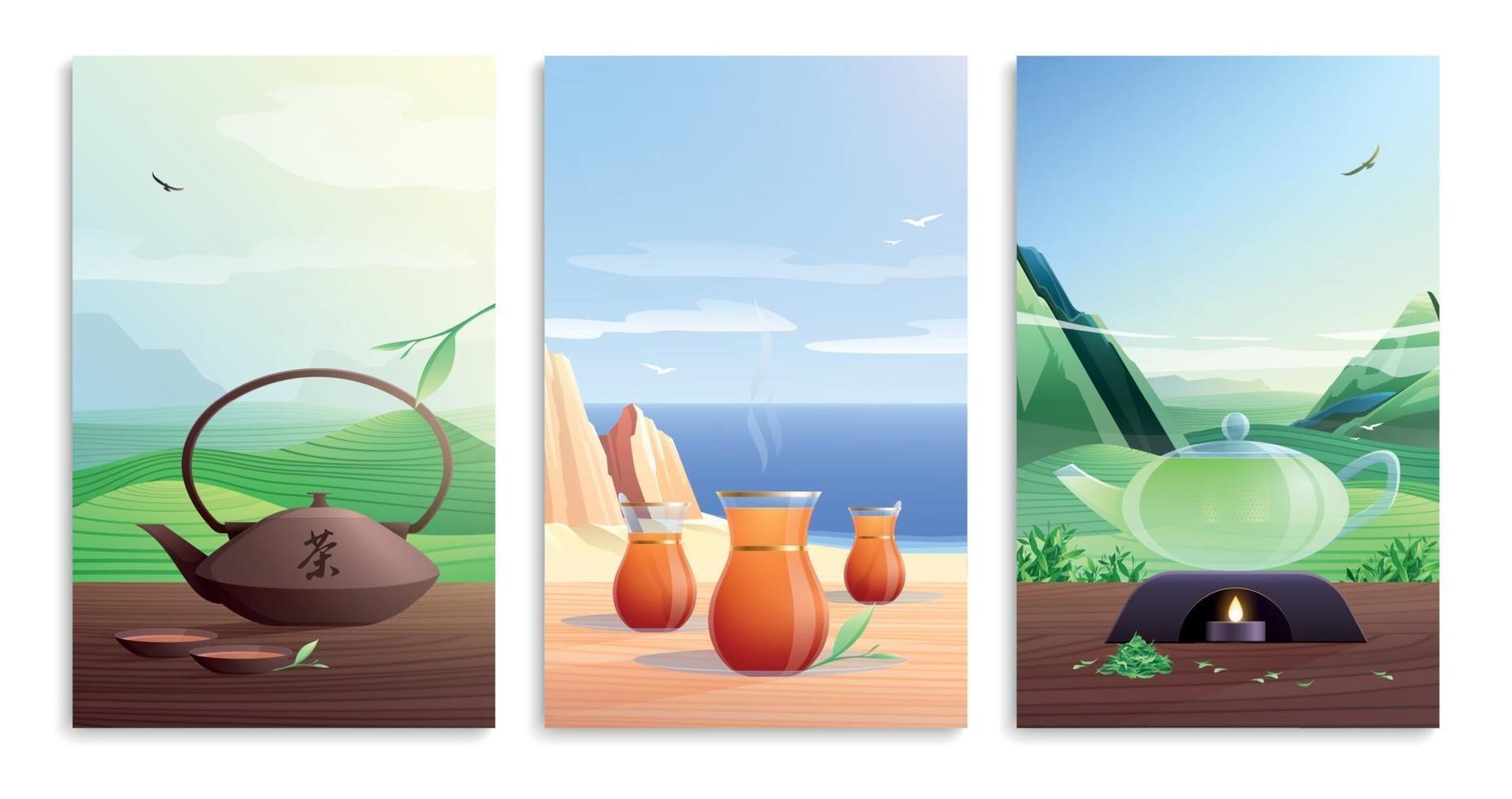 Natural Tea Cards Flat Set vector