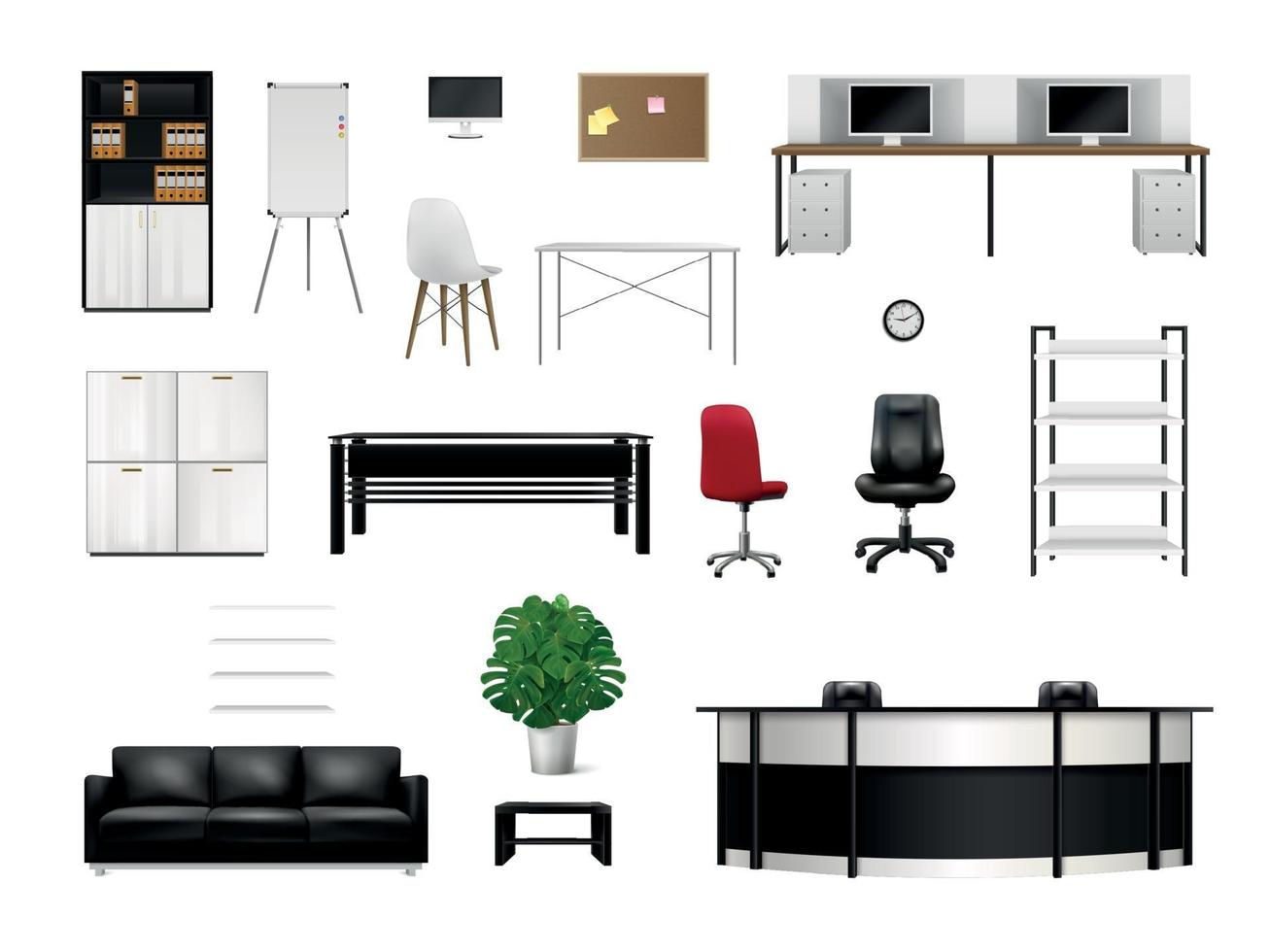 Office Interior Elements Realistic Icon Set vector