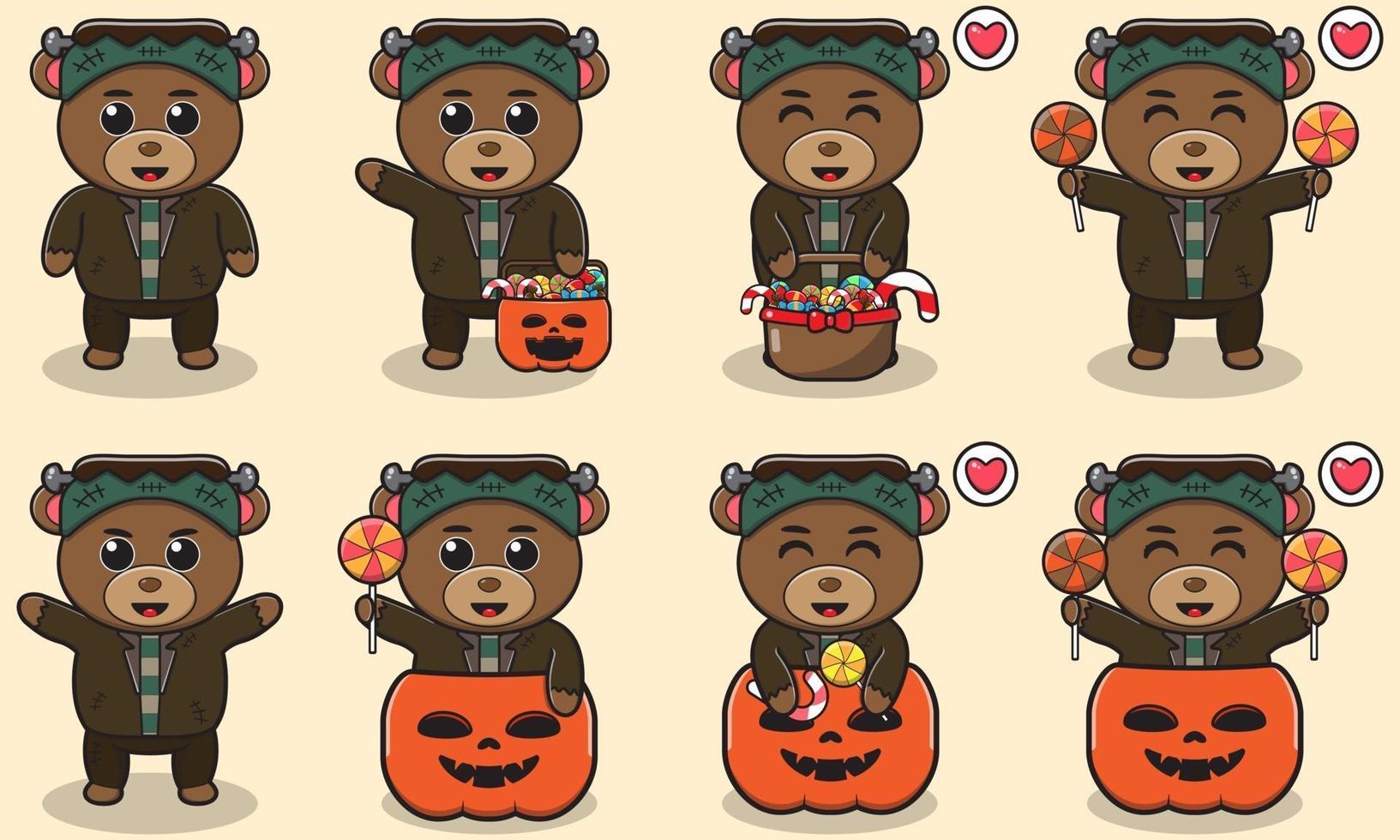 Bear cute Halloween set Frankenstein vector