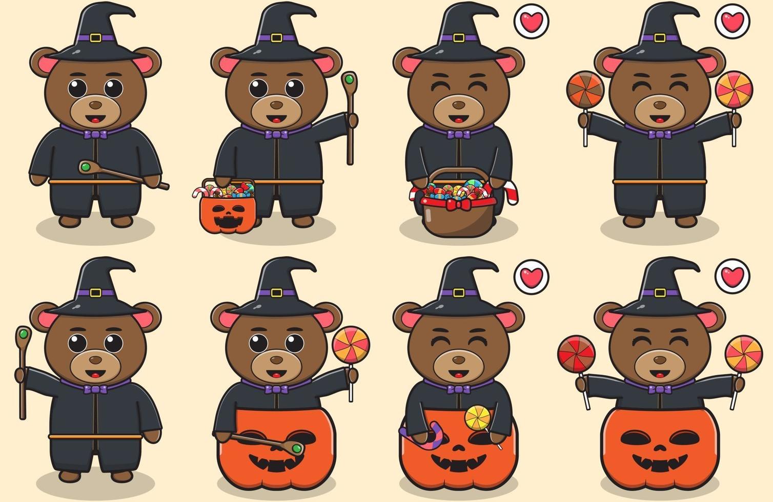 oso lindo halloween set mago vector