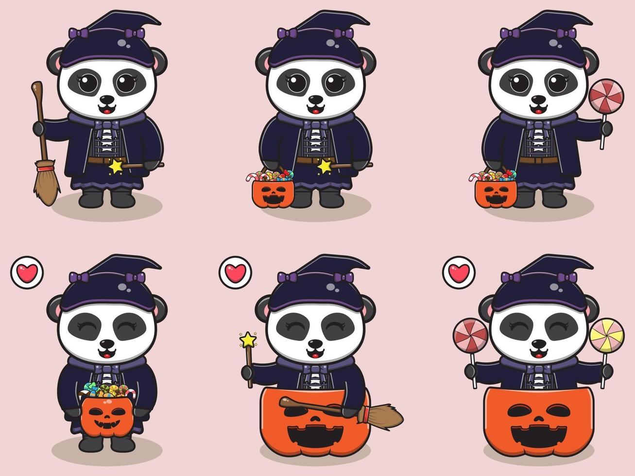 panda halloween set bruja vector