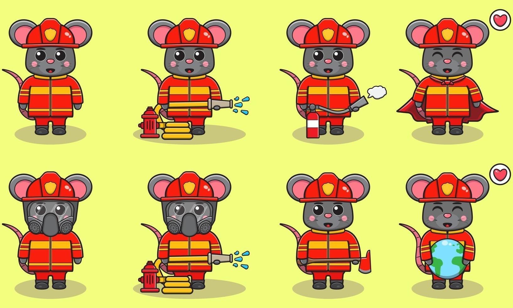 Mouse Firefighter cartoon set vector