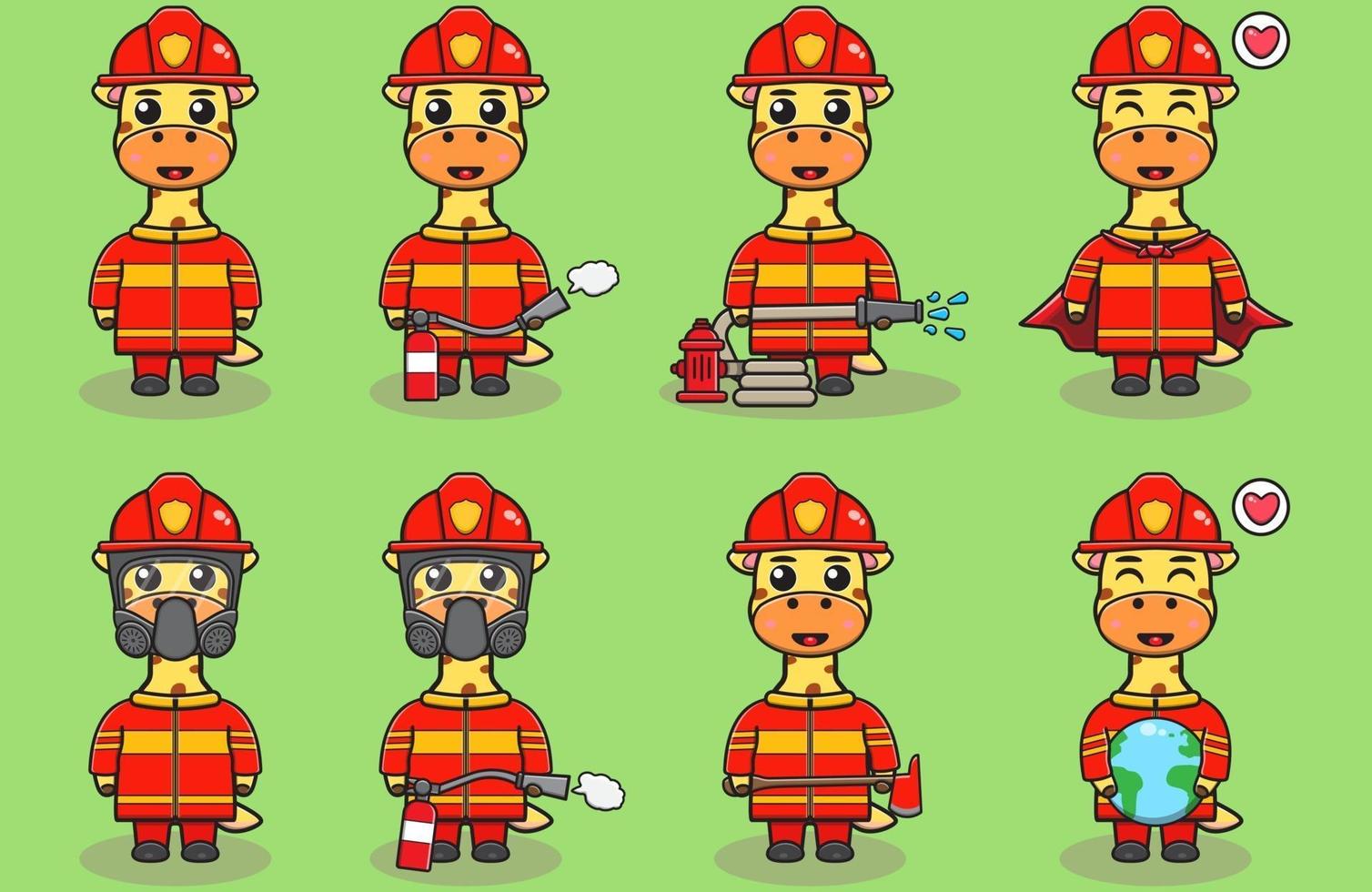 conjunto de dibujos animados de bombero jirafa vector