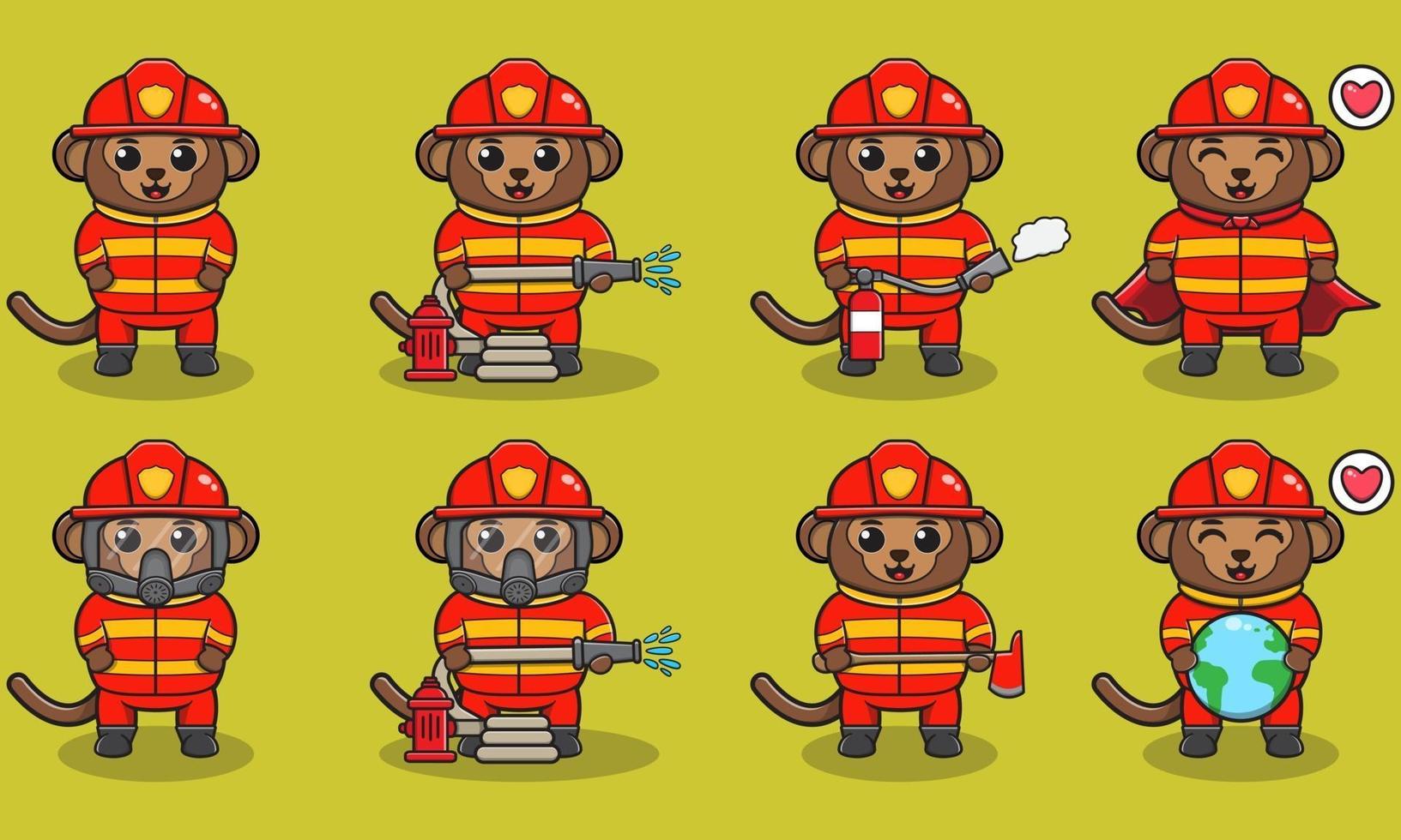 Vector illustration of Monkey firefighters set