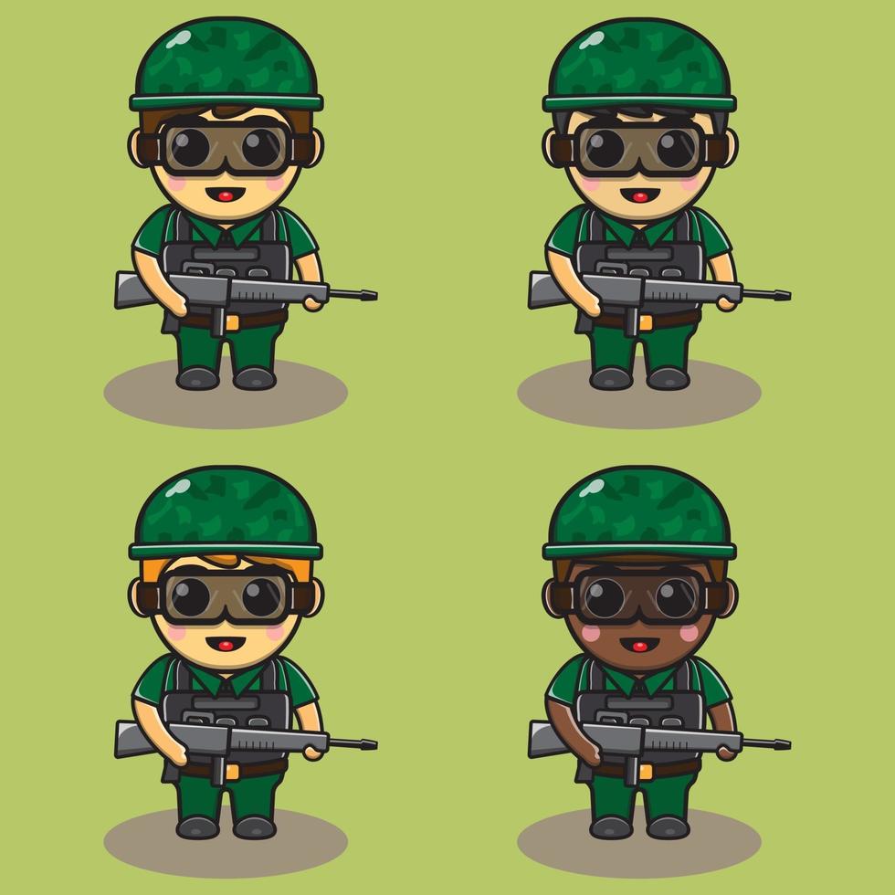 Smiling little Boy dressed as Soldier vector illustrations.