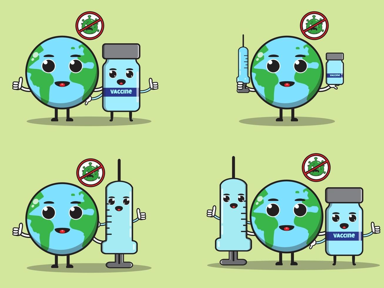 Cute happy smiling Earth with vaccine set collection vector