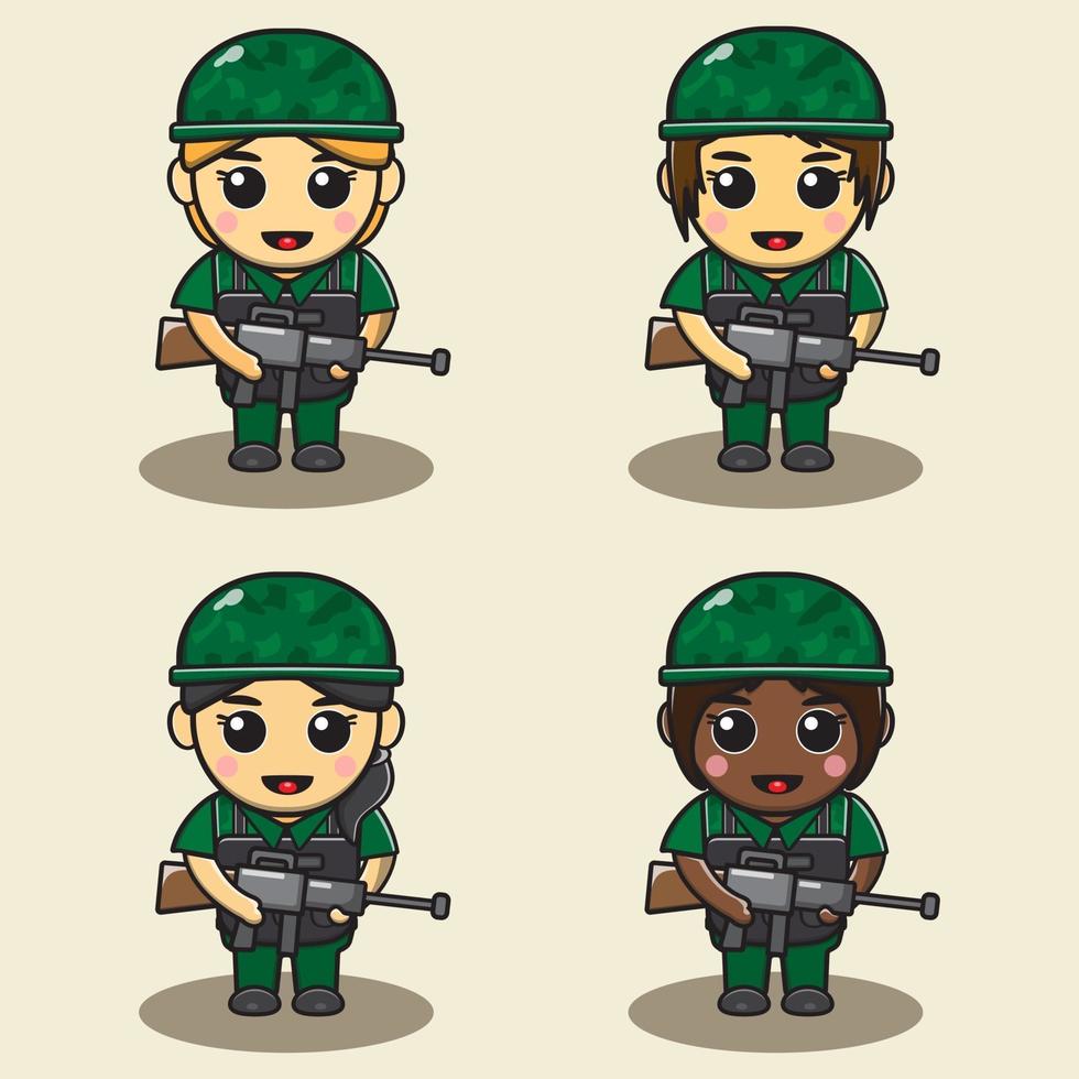 Cute little Female Soldier holding gun in front. vector