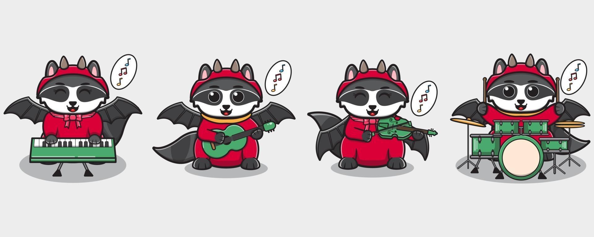 mapache con disfraz de diablo tocar un instrumento musical. vector