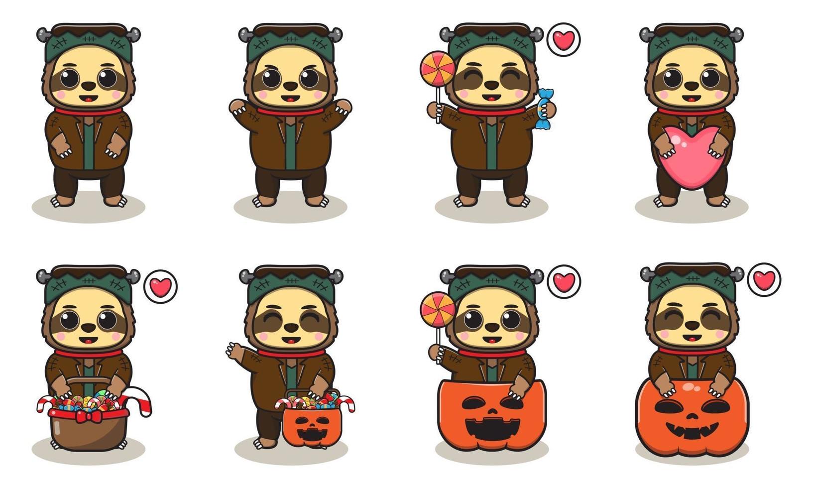 Sloth cute Halloween set Frankenstein vector