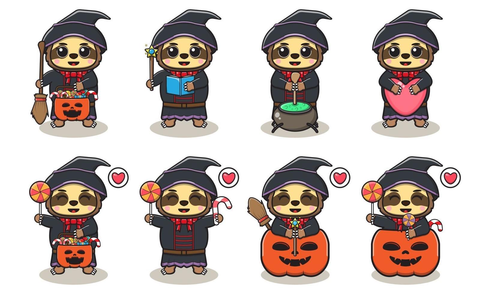 Sloth cute Halloween set Witch vector