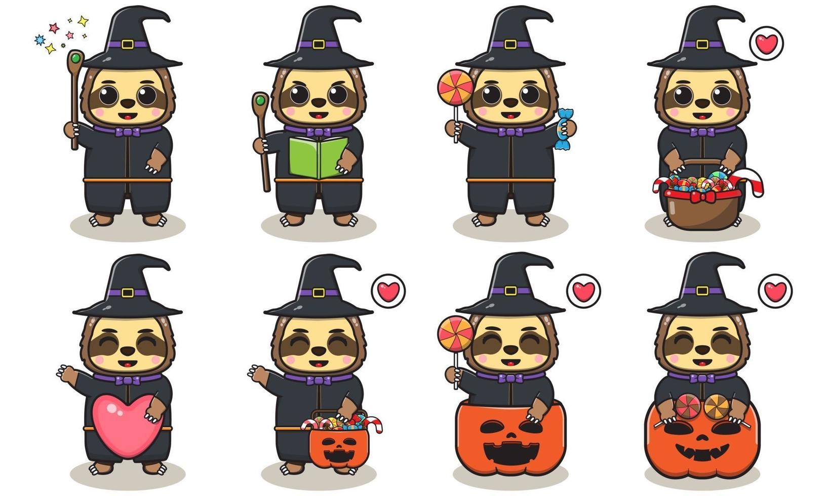 perezoso lindo conjunto de halloween mago vector