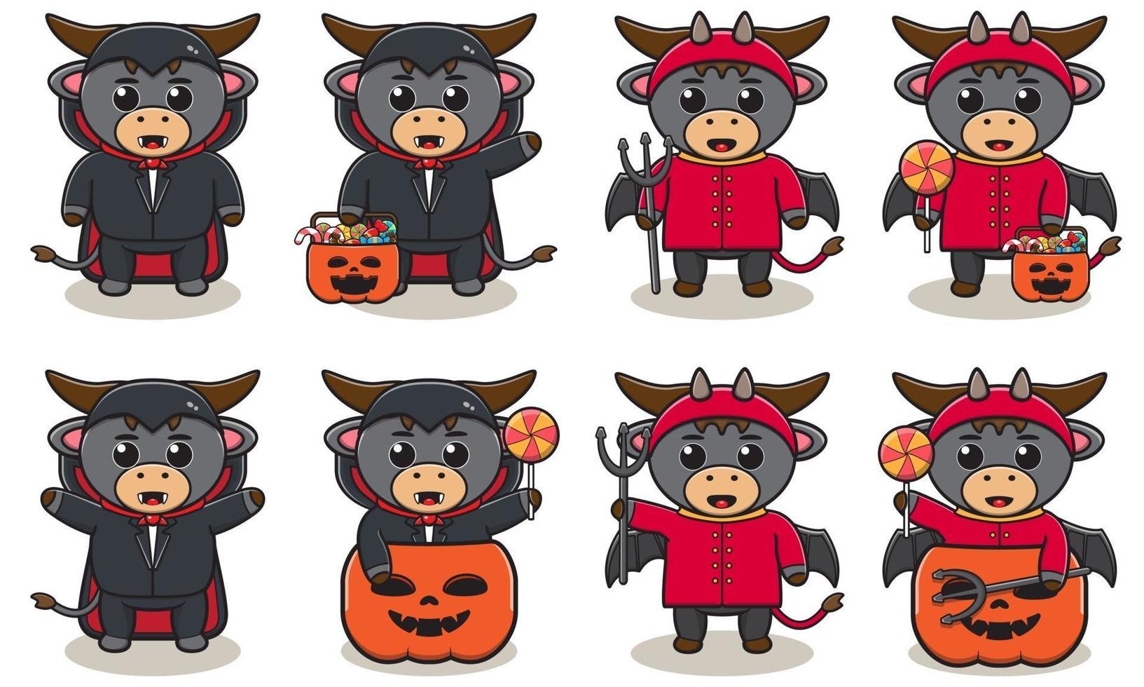 Buffalo cute Halloween set Devil and Dracula vector