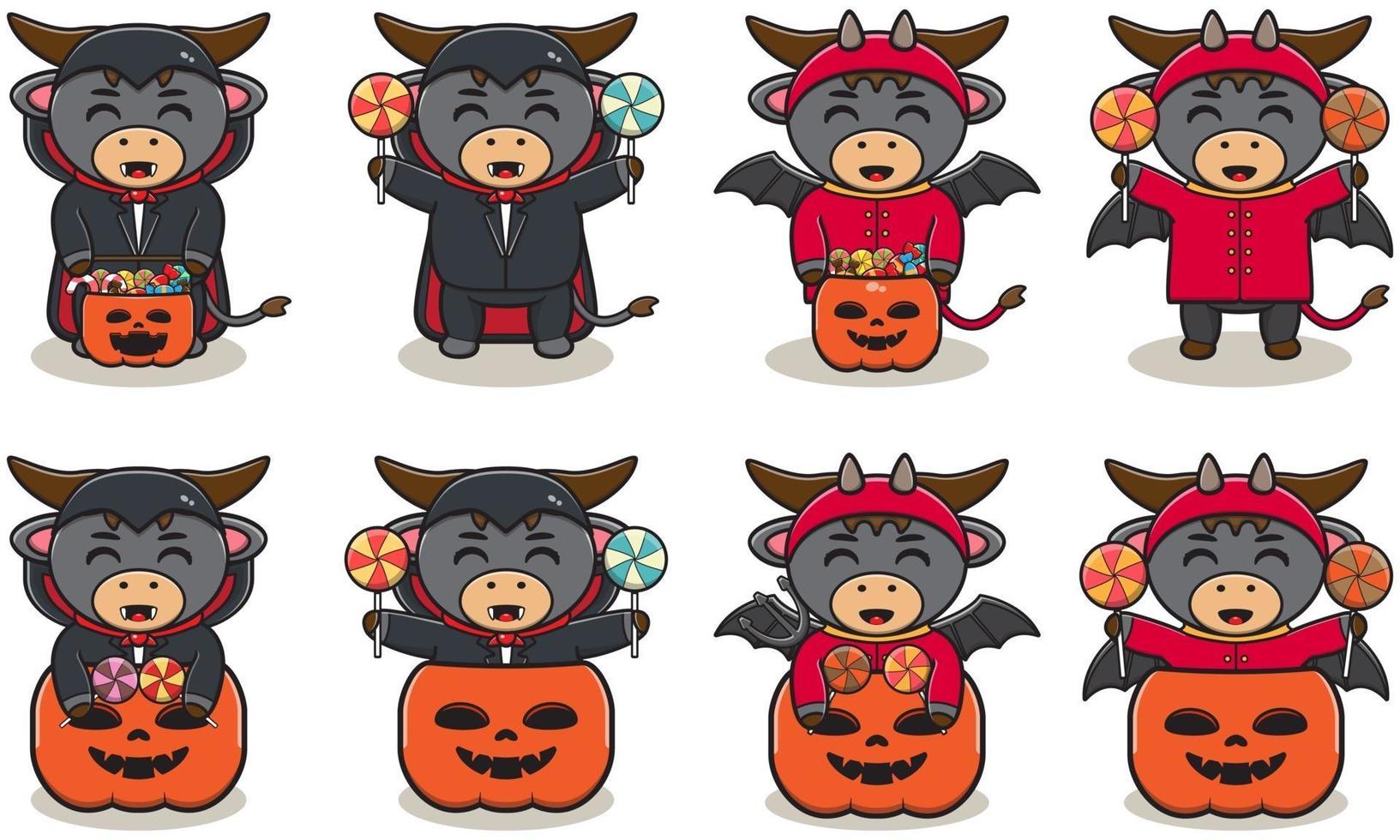 cute Buffalo with Dracula and Devil costume. vector