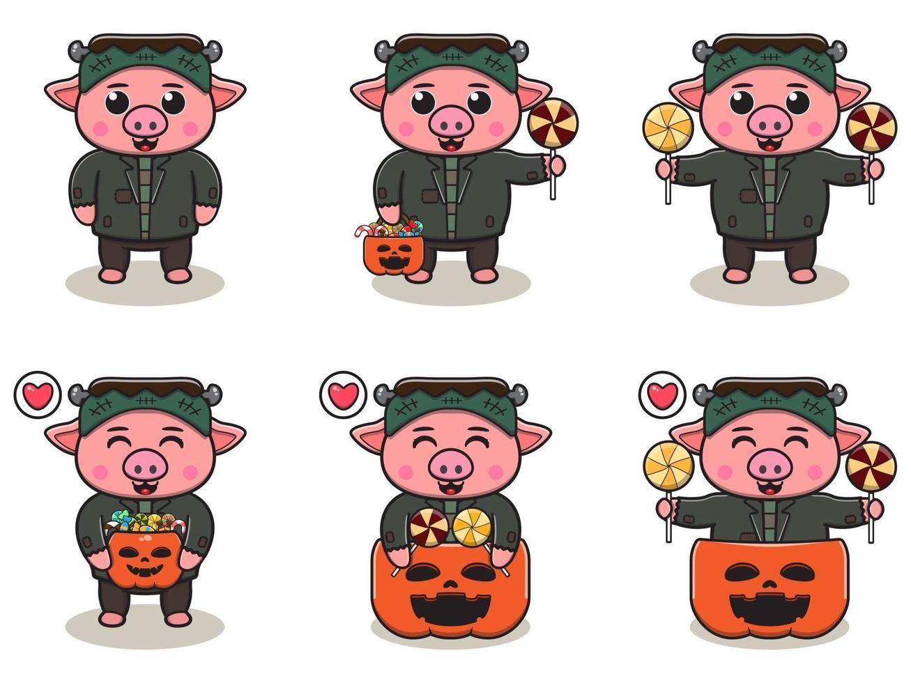 Pig cute Halloween set Frankenstein vector