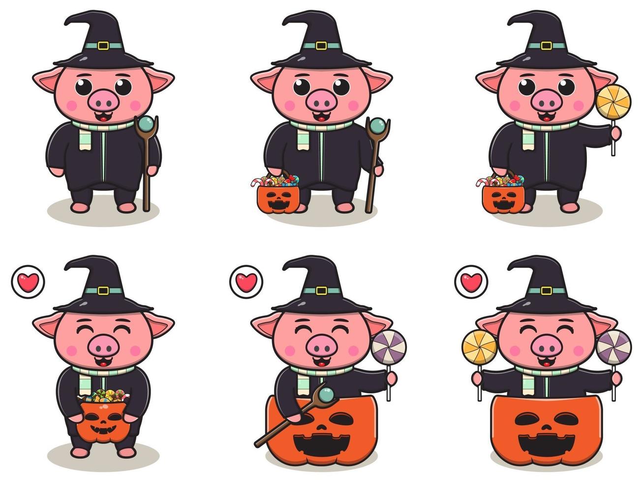 cerdo lindo halloween set mago vector