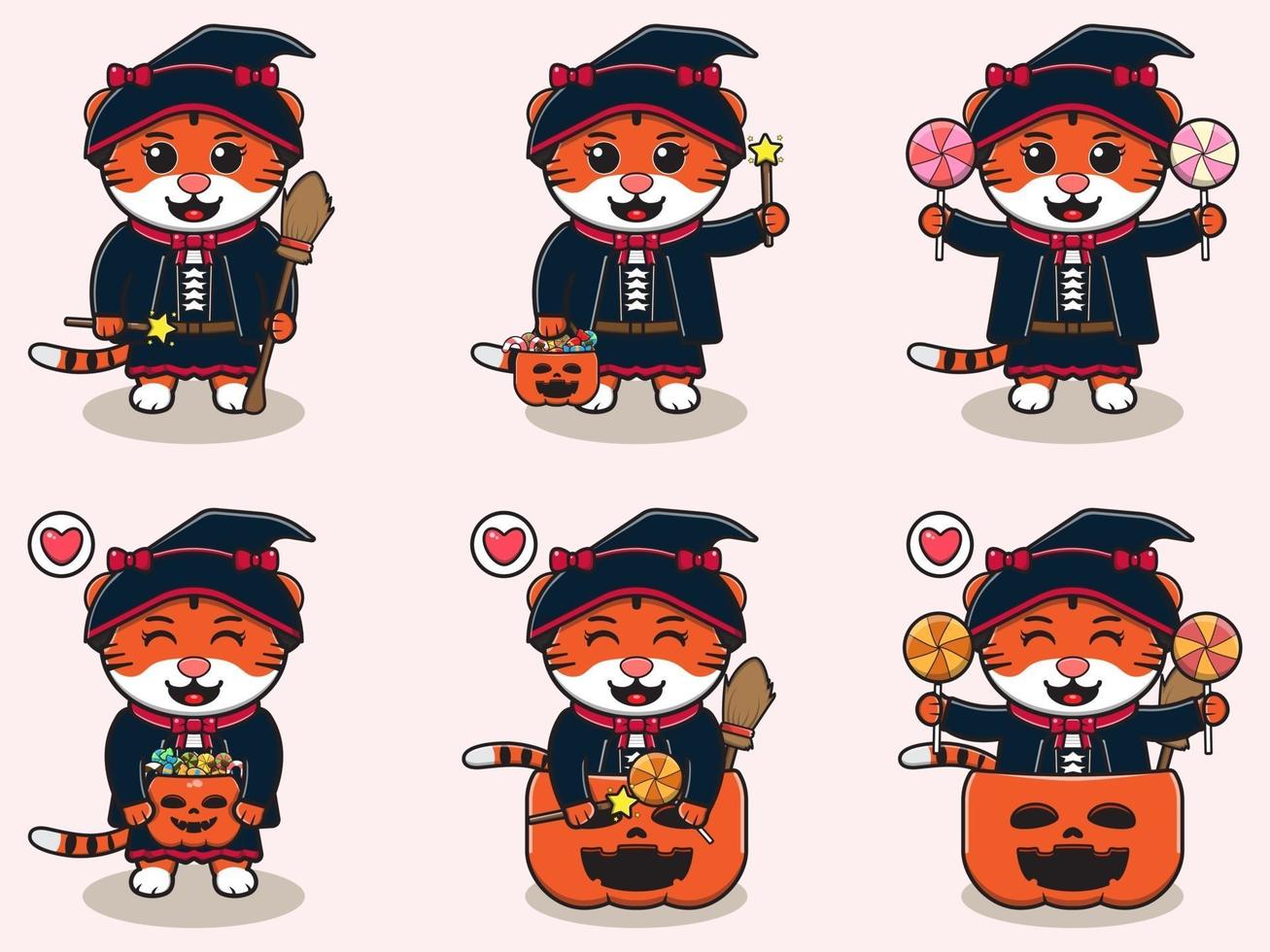 Tiger cute Halloween set Witch vector