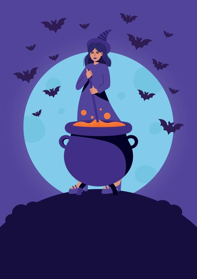 bruja con caldero. fiesta de halloween. vector