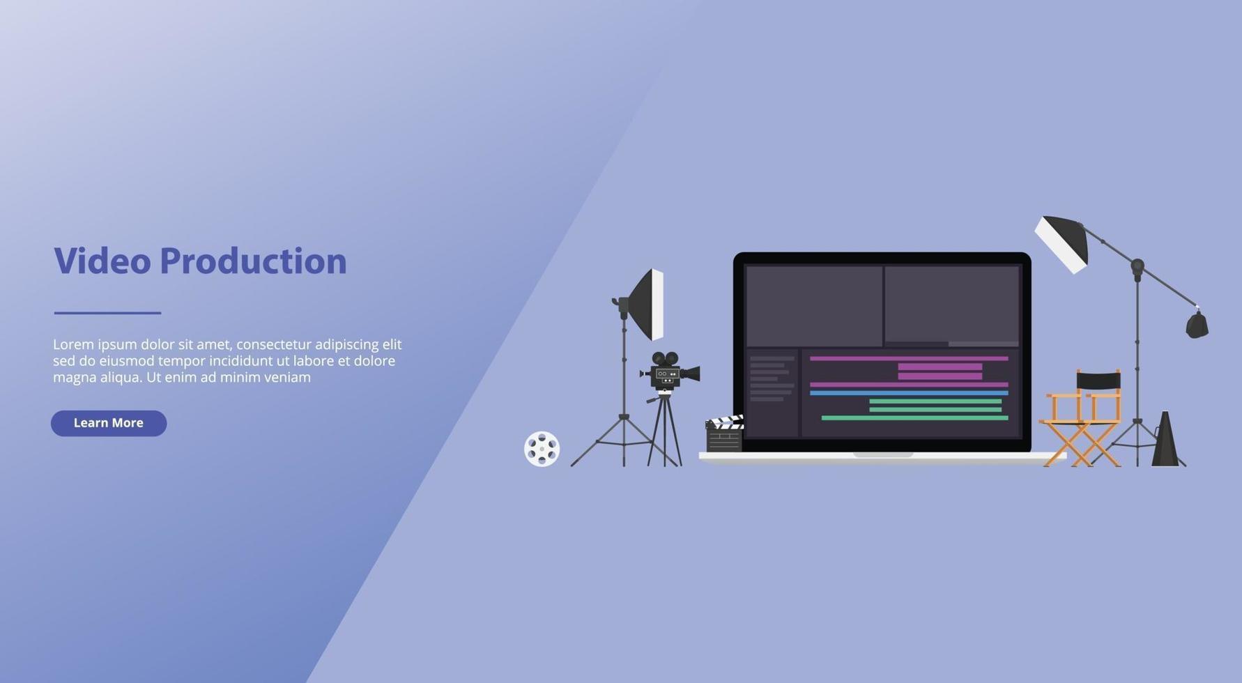 concepto de producción de películas o videos con editor de video en equipo vector