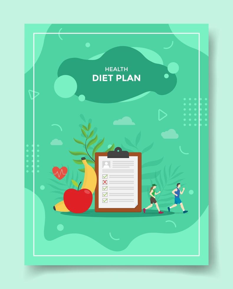 diet plan concept people jogging around clip board banana apple fruit vector