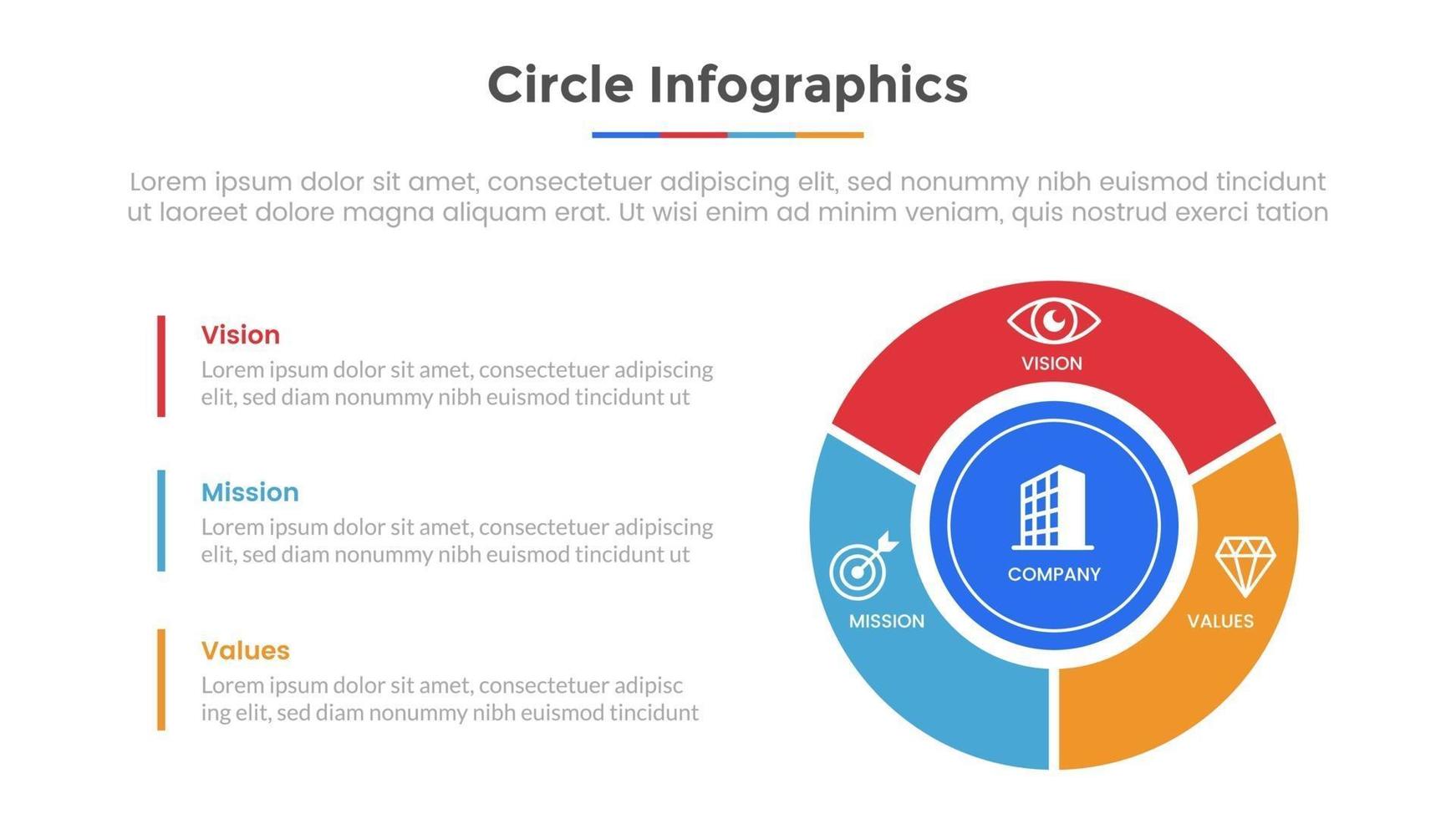 Infografía circular con 3 puntos de lista y plantilla de estilo plano moderno vector