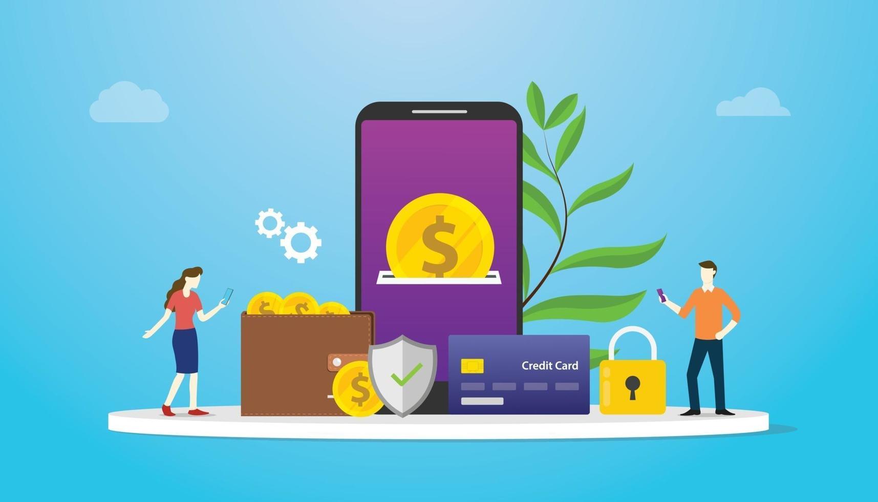 e-wallet technology payment concept with team people and gold vector