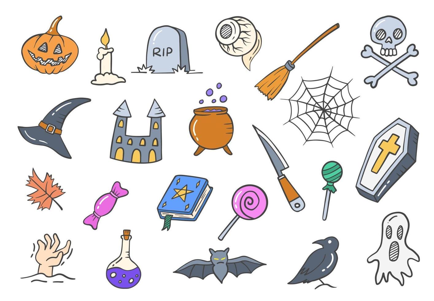 Halloween doodle conjunto de colecciones dibujadas a mano con estilo de contorno plano vector