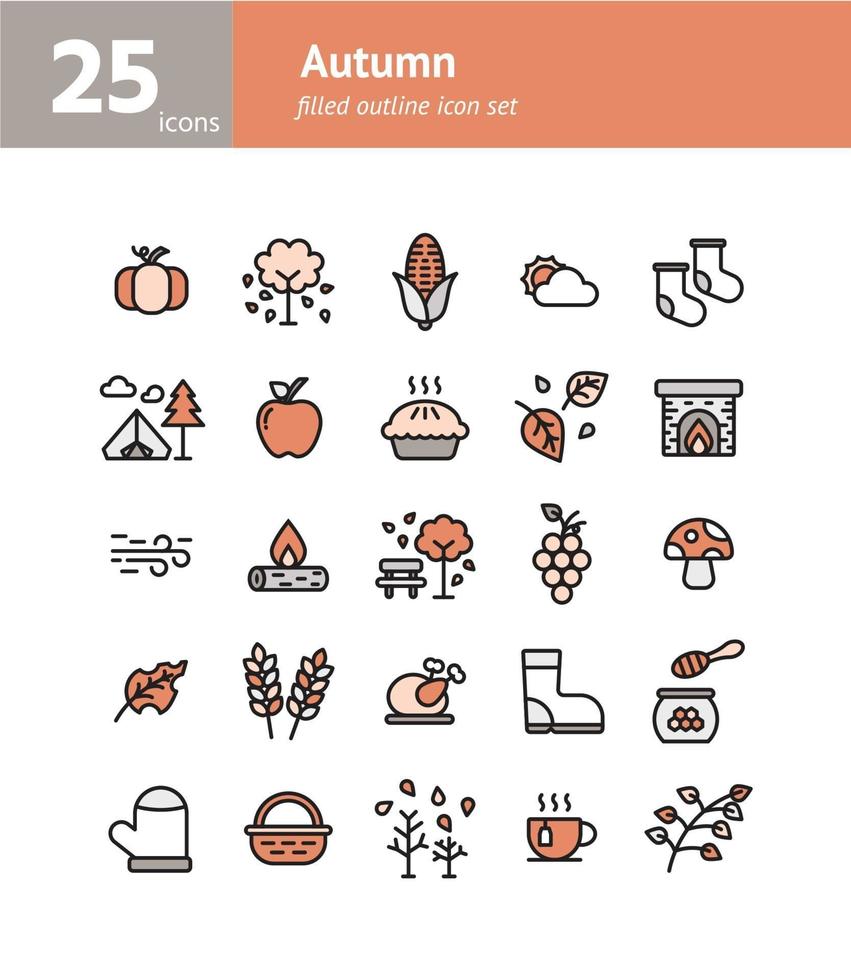 conjunto de iconos de contorno lleno de otoño vector